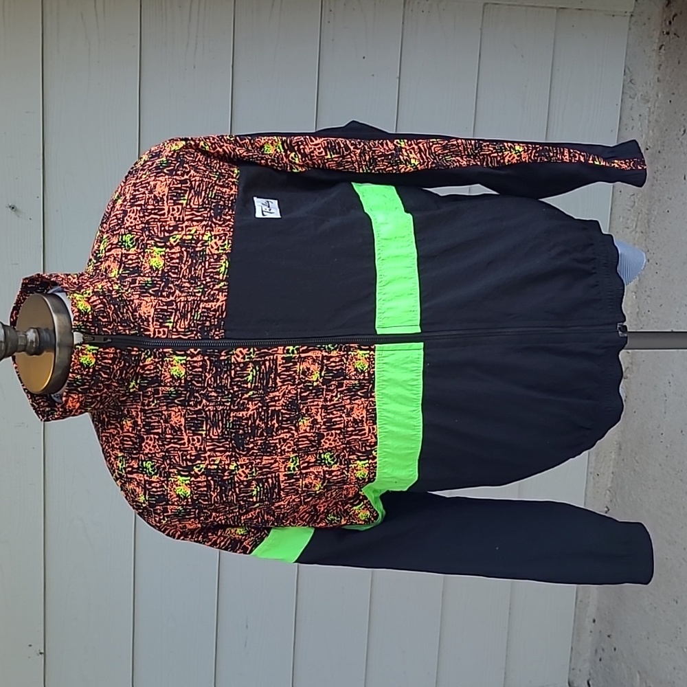 TINLEY Neon Black Nylon USA Sz M Mens Full‎ Zip Windbreaker Jacket RARE VTG